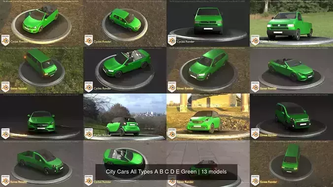City Cars All Types A B C D E Green 3D Model Collection