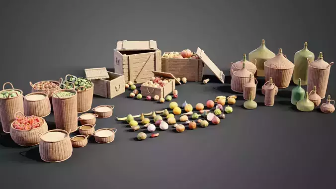 Medieval market container props Low-poly 3D model