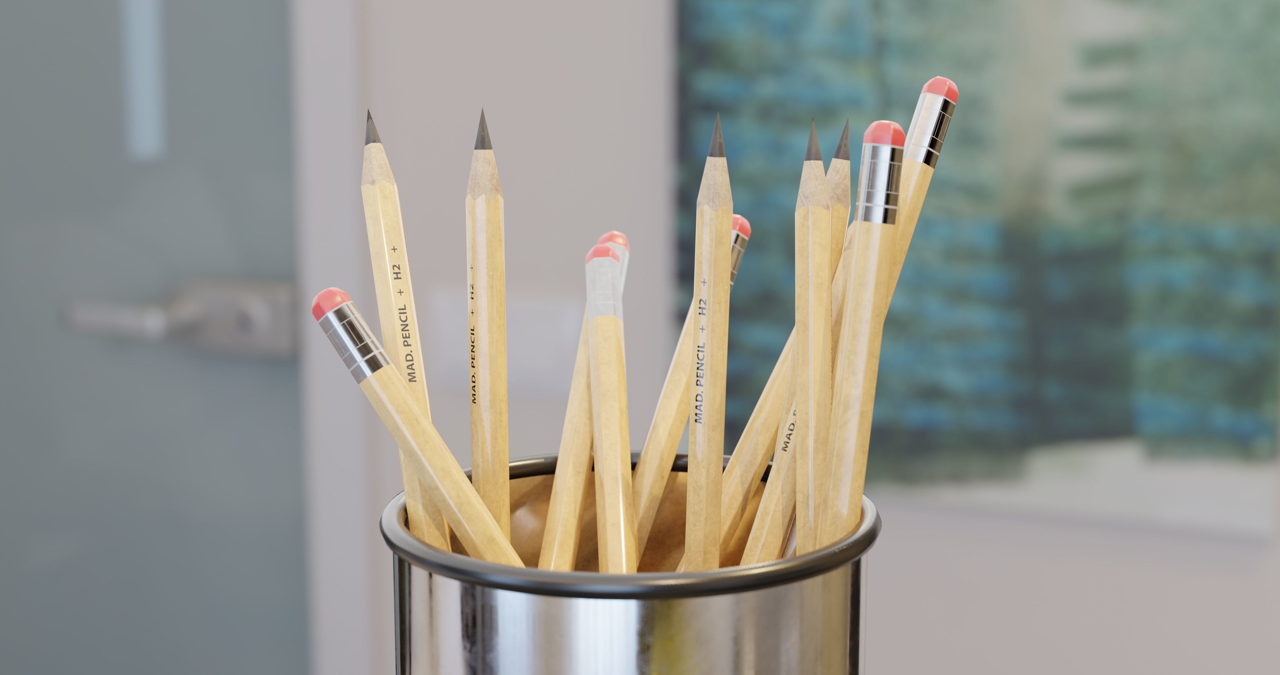 Office and school pencils with metal pen cup Low-poly 3D model_1