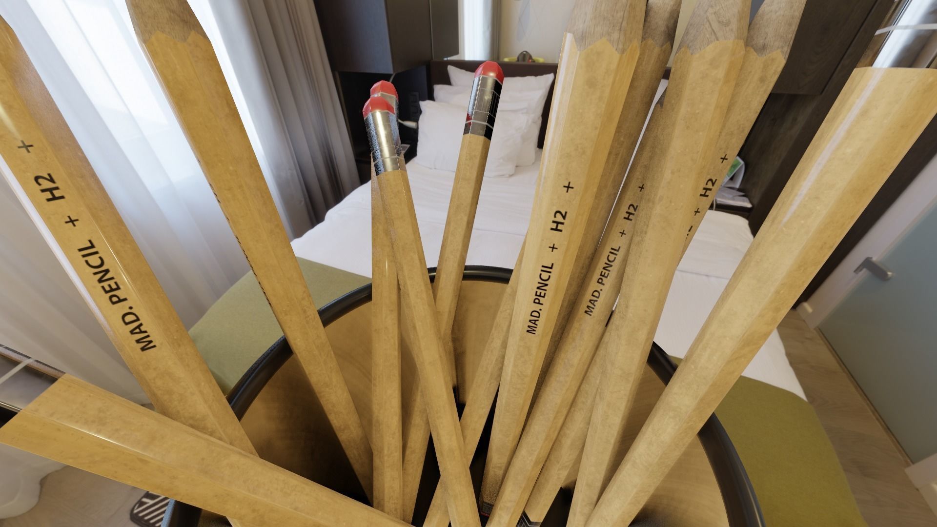 Office and school pencils with metal pen cup Low-poly 3D model_3