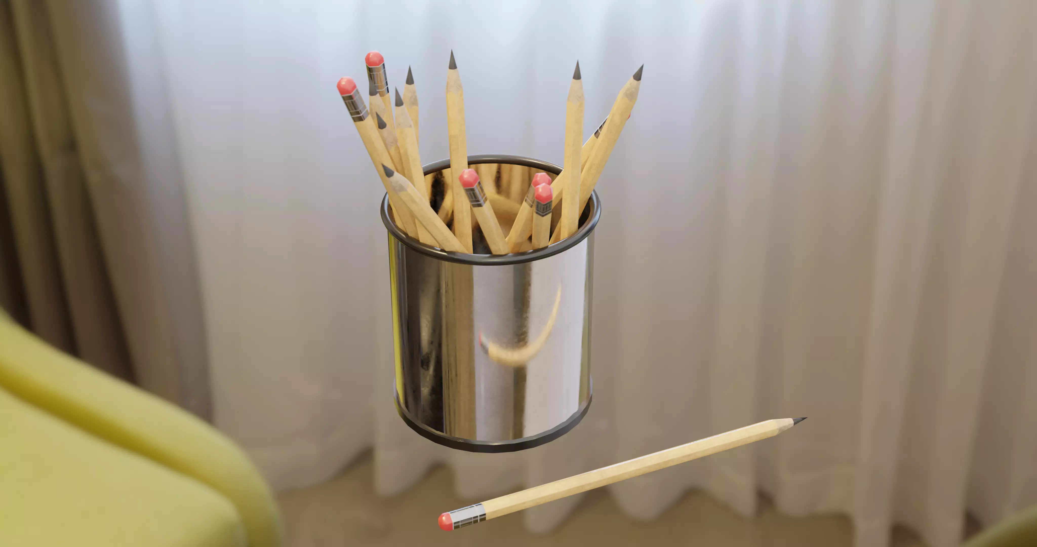 Office and school pencils with metal pen cup Low-poly 3D model_0