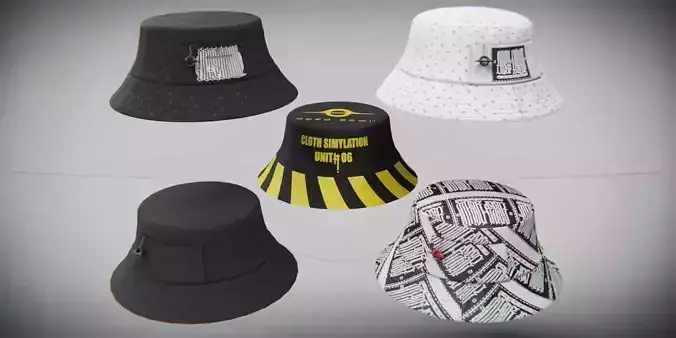 Photoreal Low and High poly Bucket Hat Set Low-poly 3D model