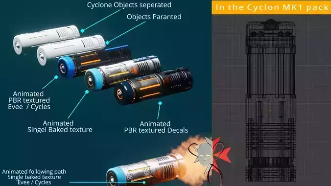 Cyclone Mk1 Seeker Missile Pack animation and 3d printing