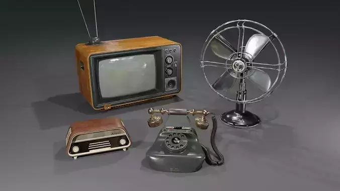 Old electronics including TV Fan Telephone and Radio 3D Model Collection