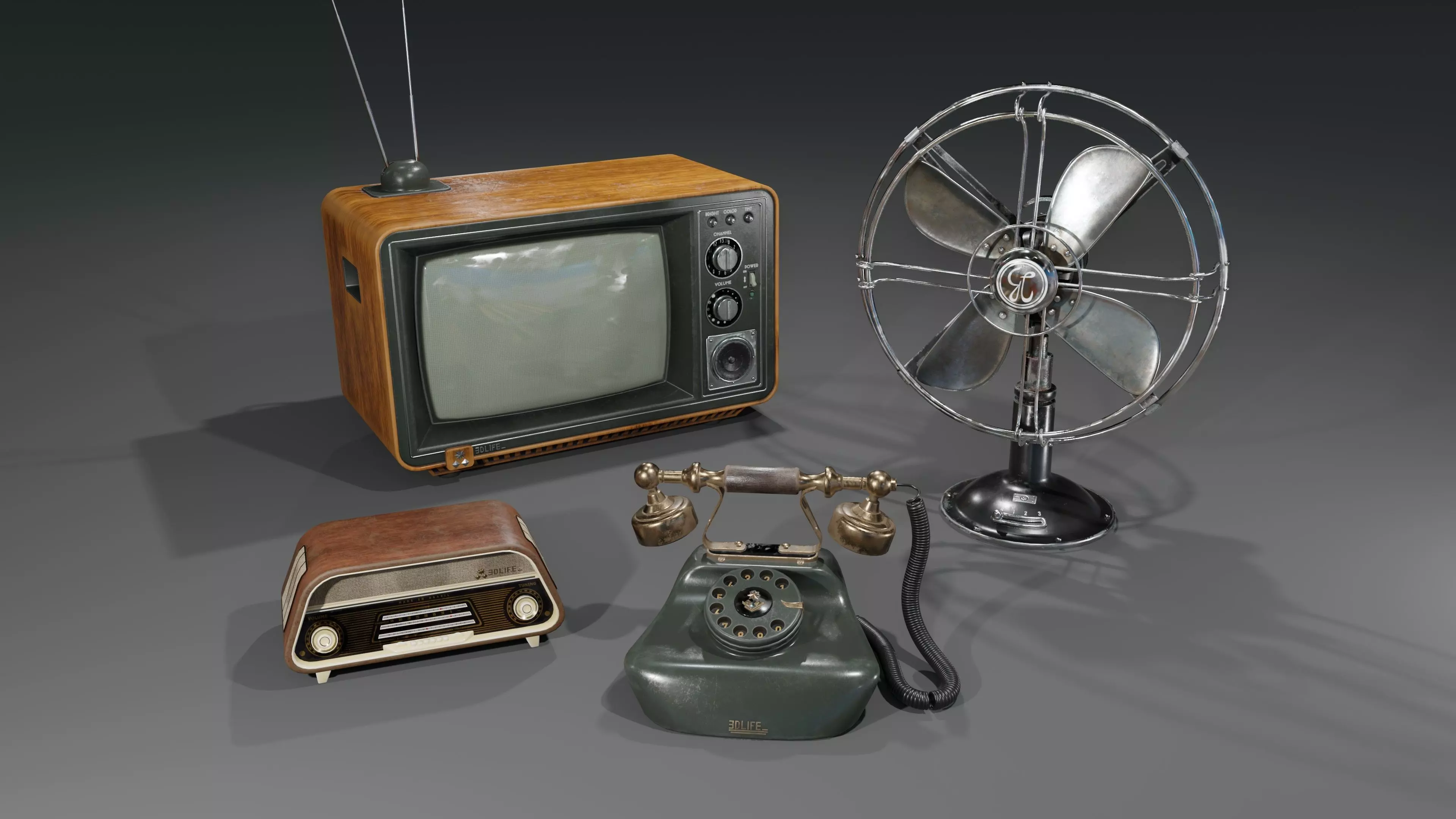 Old electronics including TV Fan Telephone and Radio 3D Model Collection_0