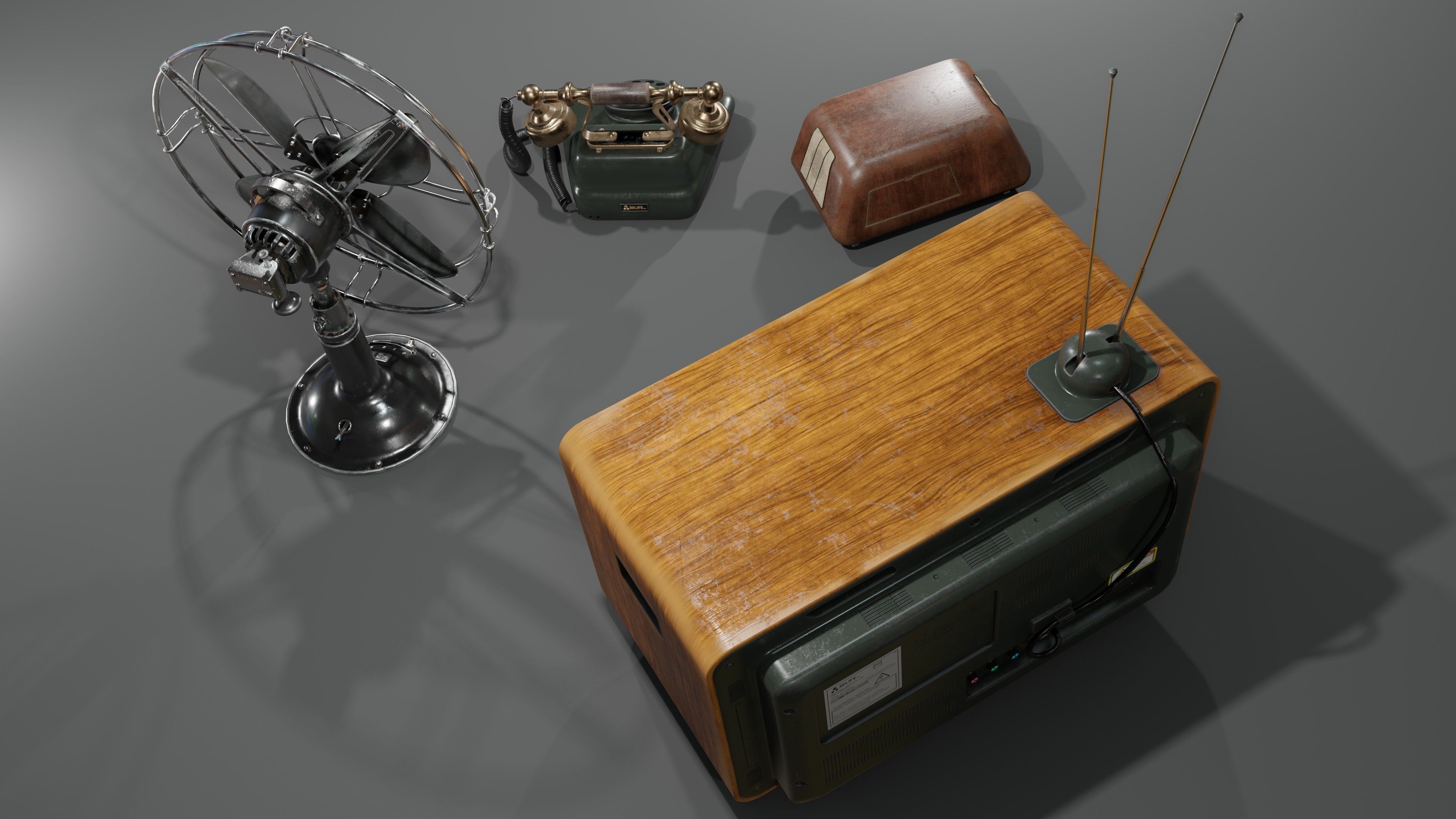 Old electronics including TV Fan Telephone and Radio 3D Model Collection_3