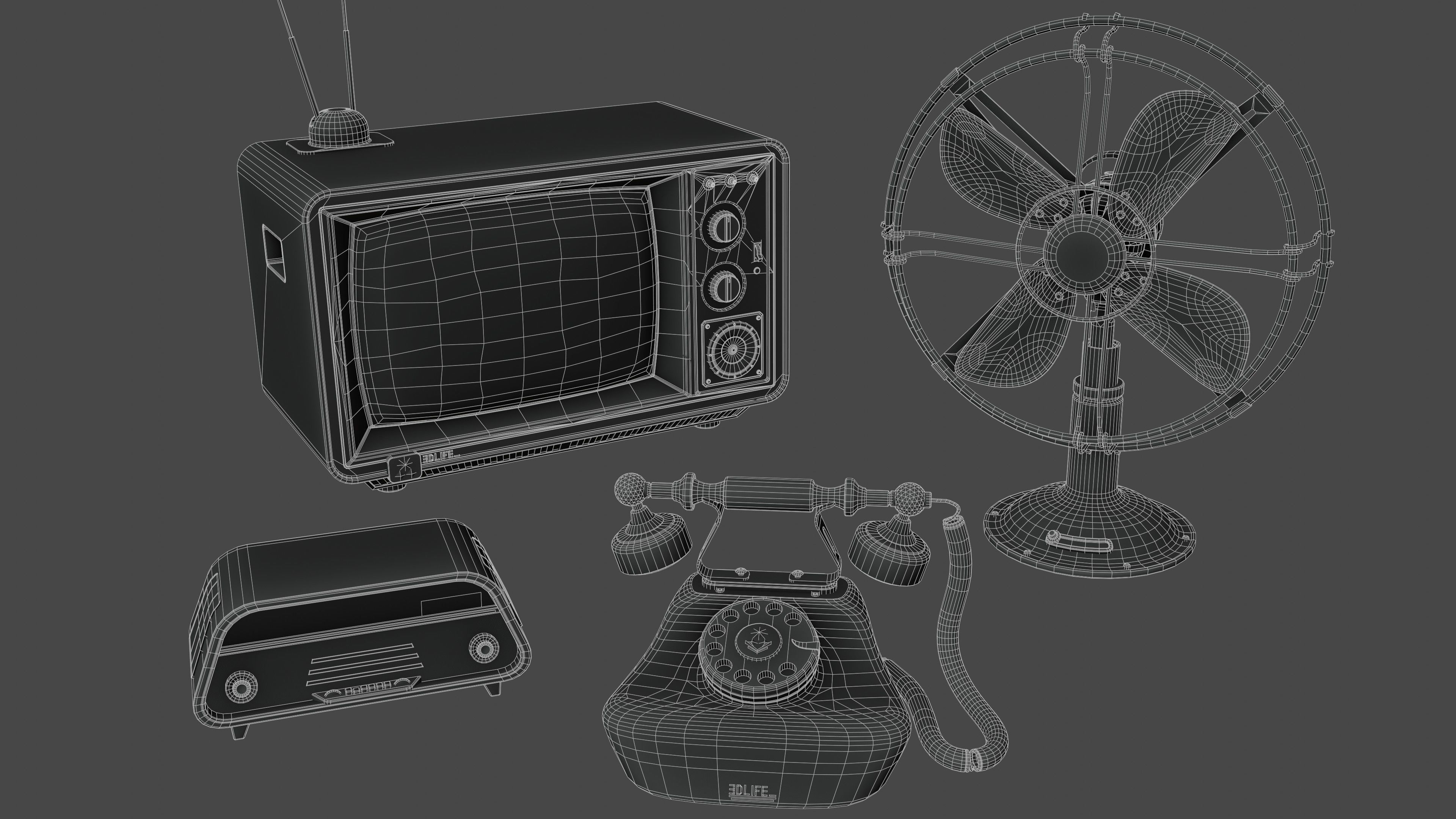 Old electronics including TV Fan Telephone and Radio 3D Model Collection_8