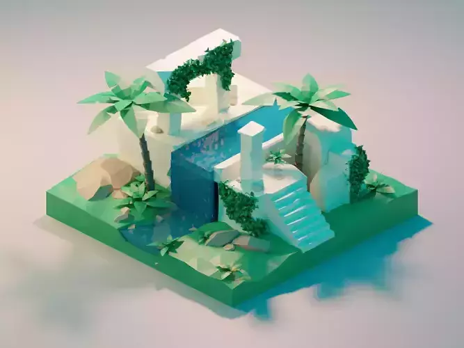Ancient Ruins Day low poly render in blender
