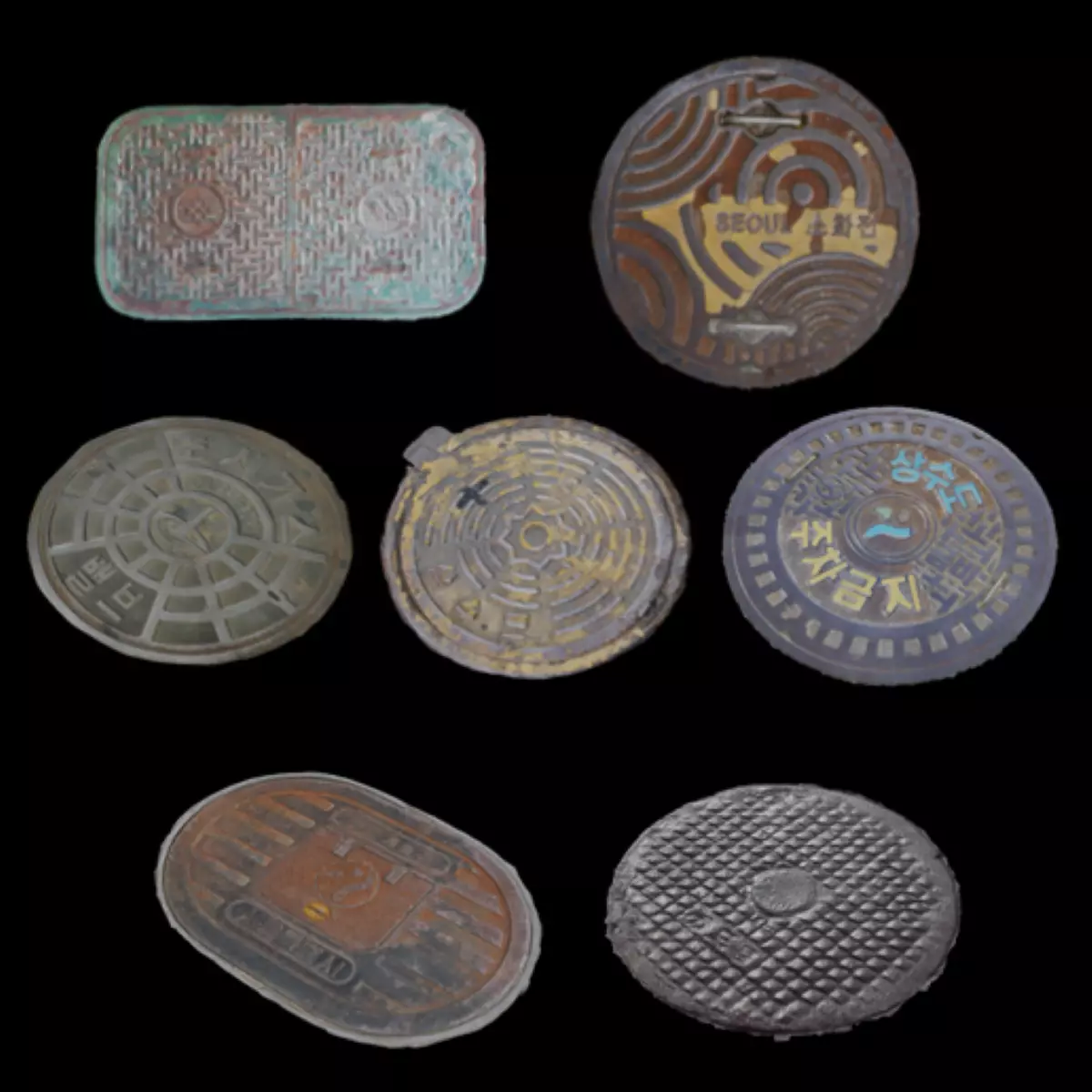 Korean style 7 manhole set 3D model_0