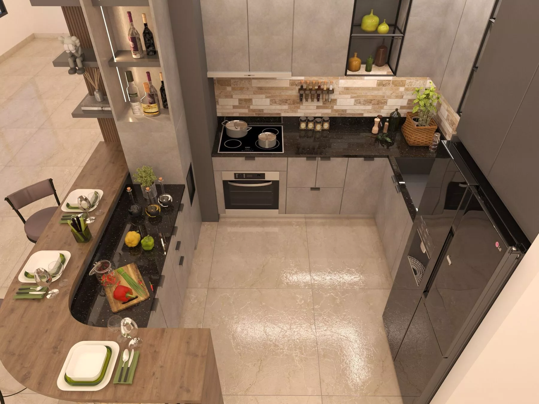 modern concrete effect kitchen design 3D model