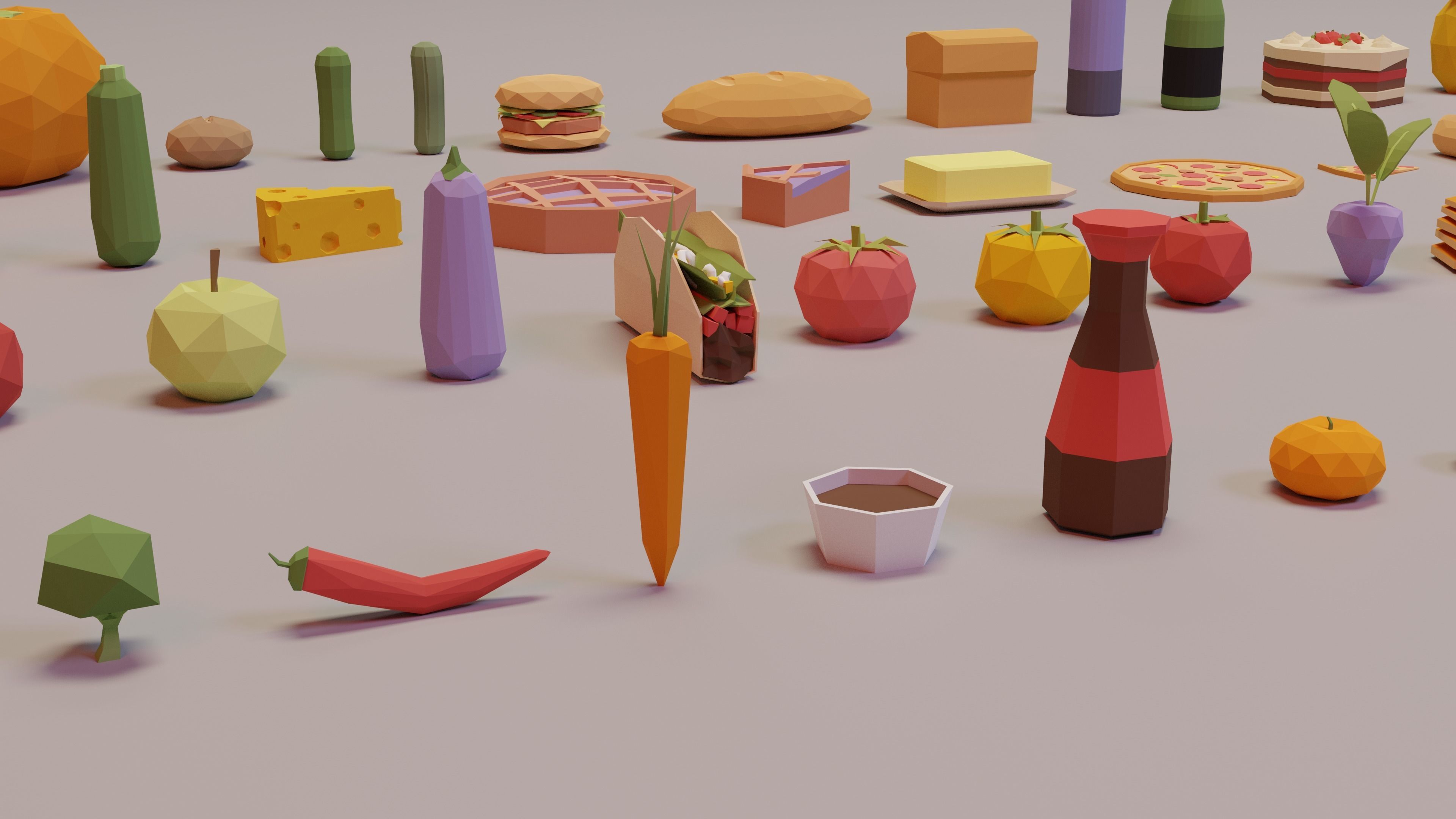 Low Poly Food Collection with Fruits Vegetables Meat and Sweets Low-poly 3D model_1