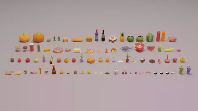 Low Poly Food Collection with Fruits Vegetables Meat and Sweets