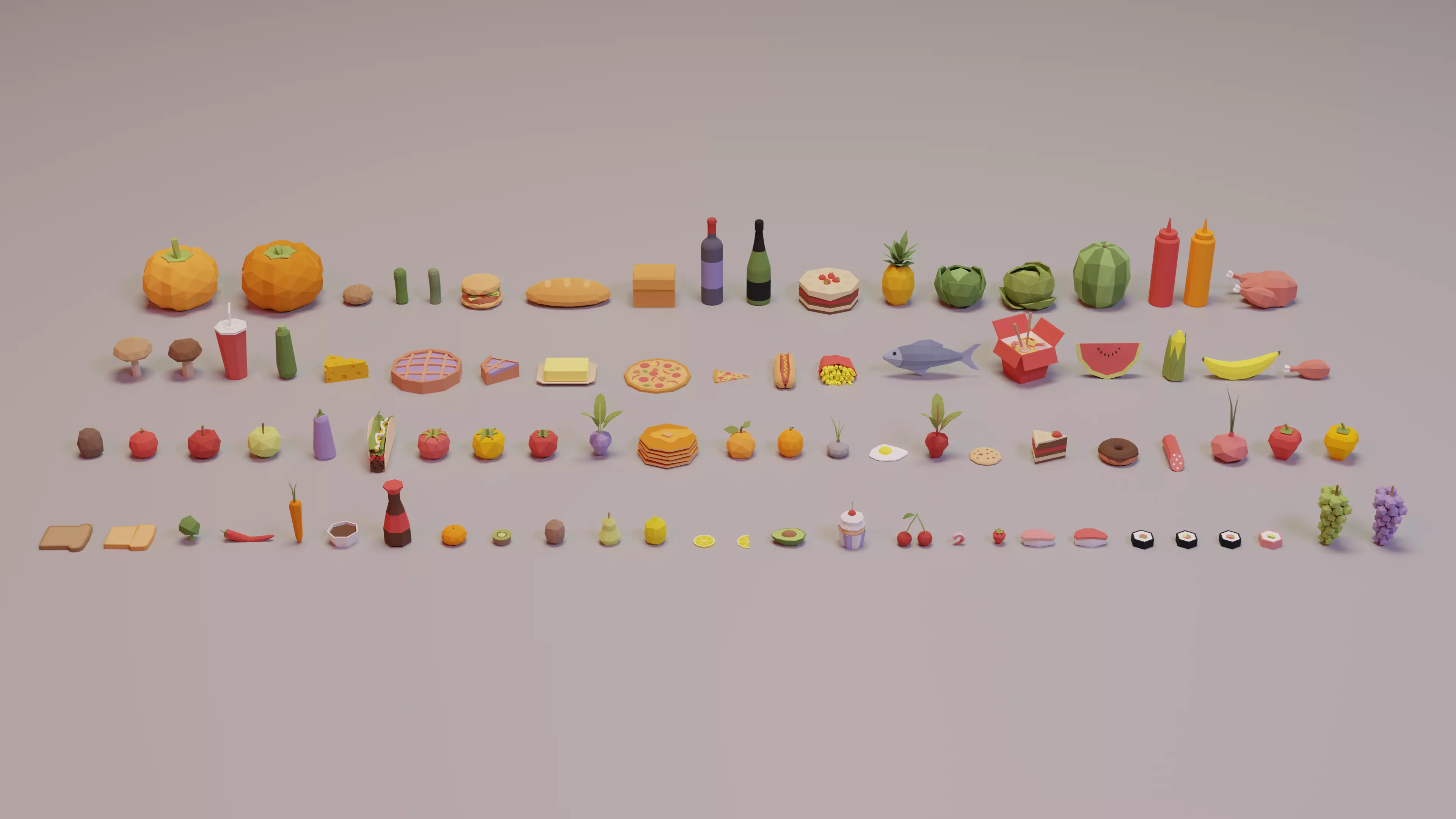 Low Poly Food Collection with Fruits Vegetables Meat and Sweets Low-poly 3D model_0