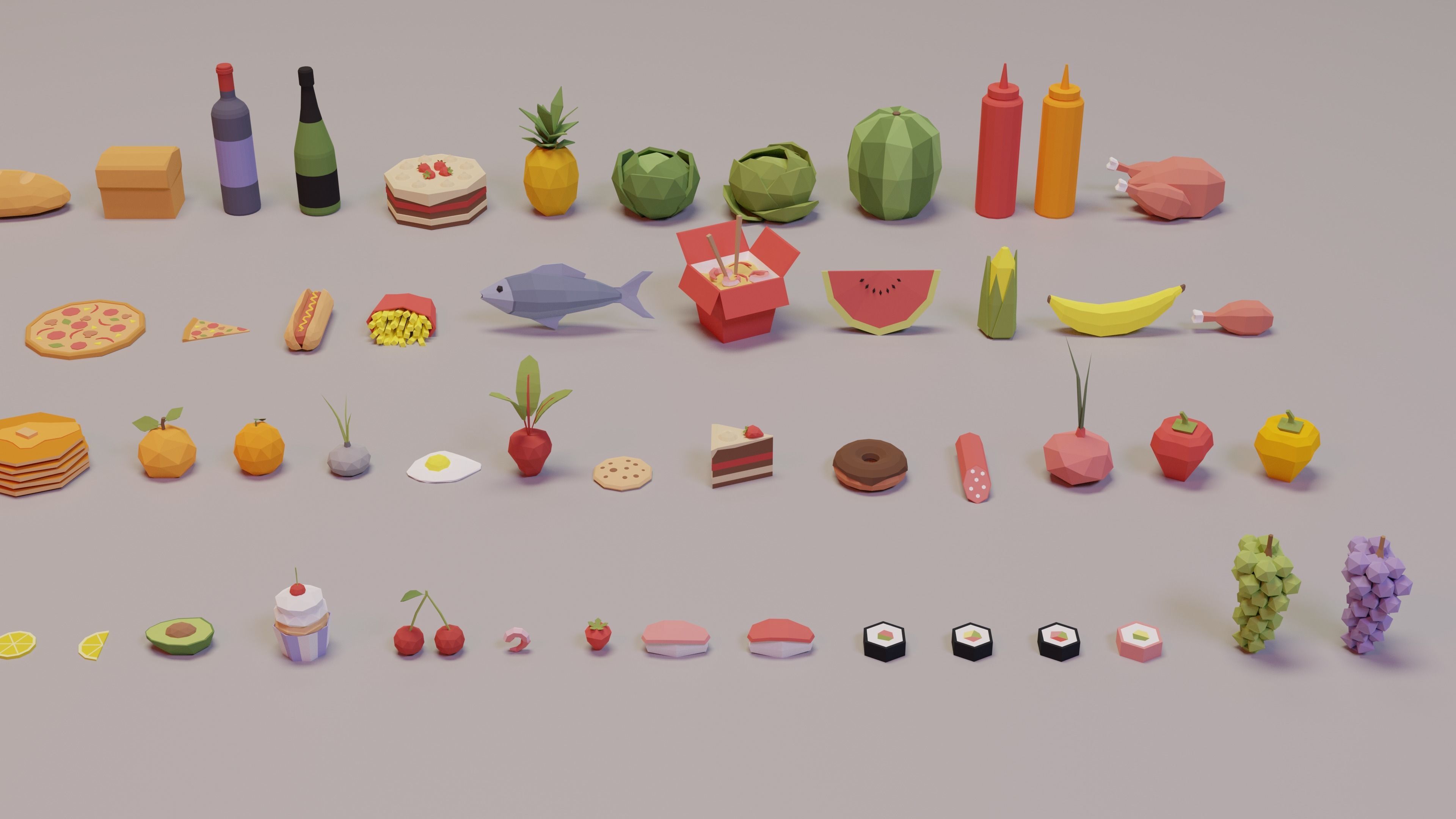 Low Poly Food Collection with Fruits Vegetables Meat and Sweets Low-poly 3D model_3