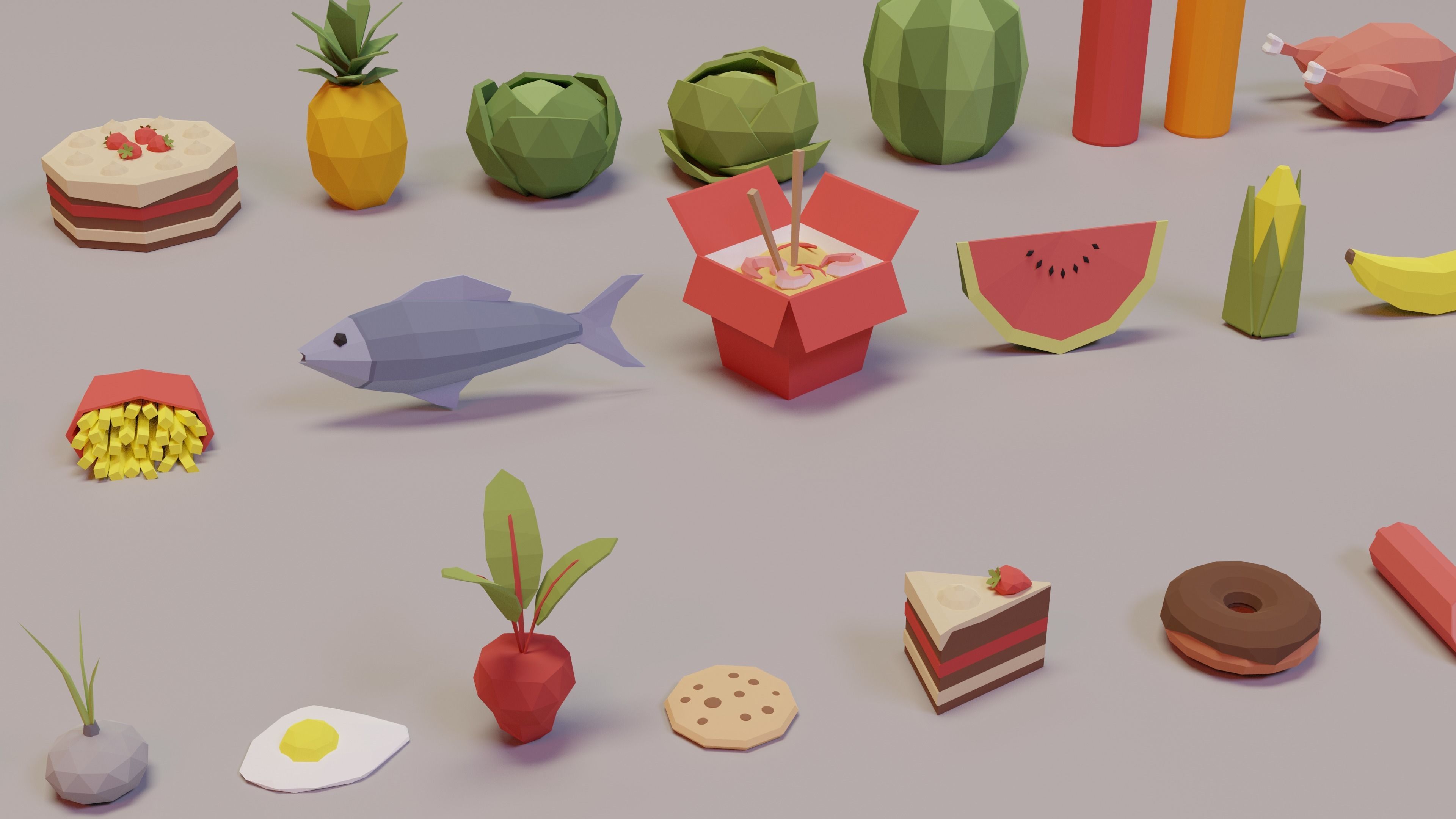 Low Poly Food Collection with Fruits Vegetables Meat and Sweets Low-poly 3D model_4