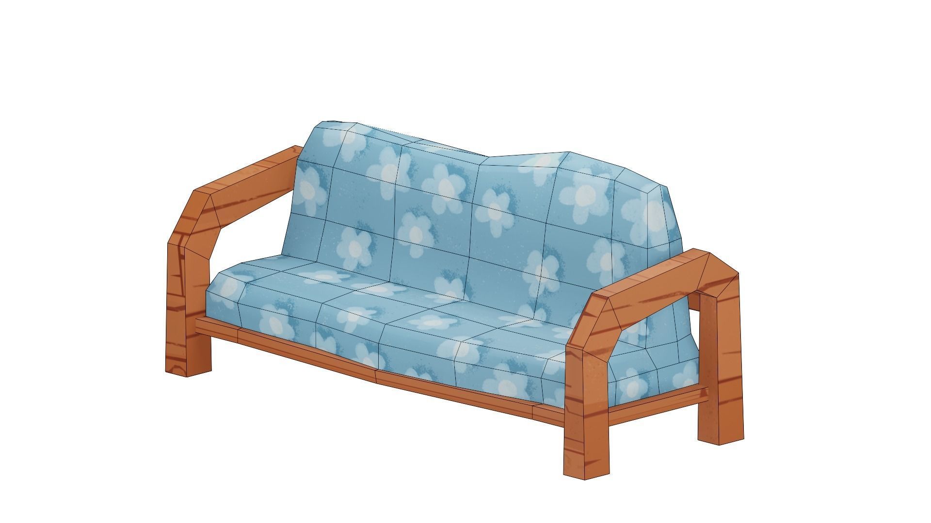 Stylized wooden sofa low-poly game ready textures Low-poly 3D model_4