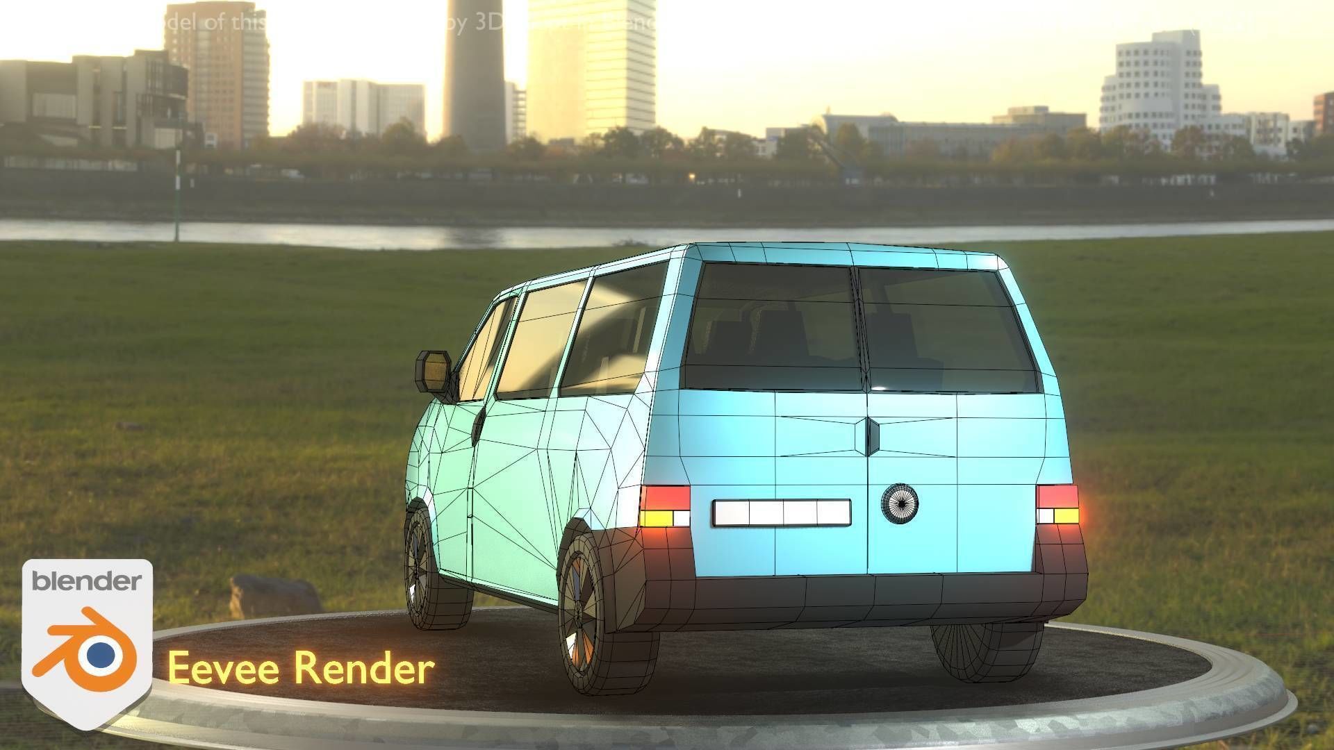 City Car 57 Commercial Minibus Type-C Blue Low-poly 3D model_3