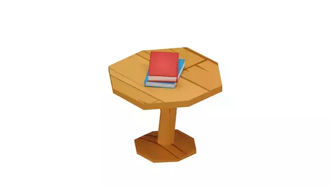 Stylized wooden table with books low-poly game ready
