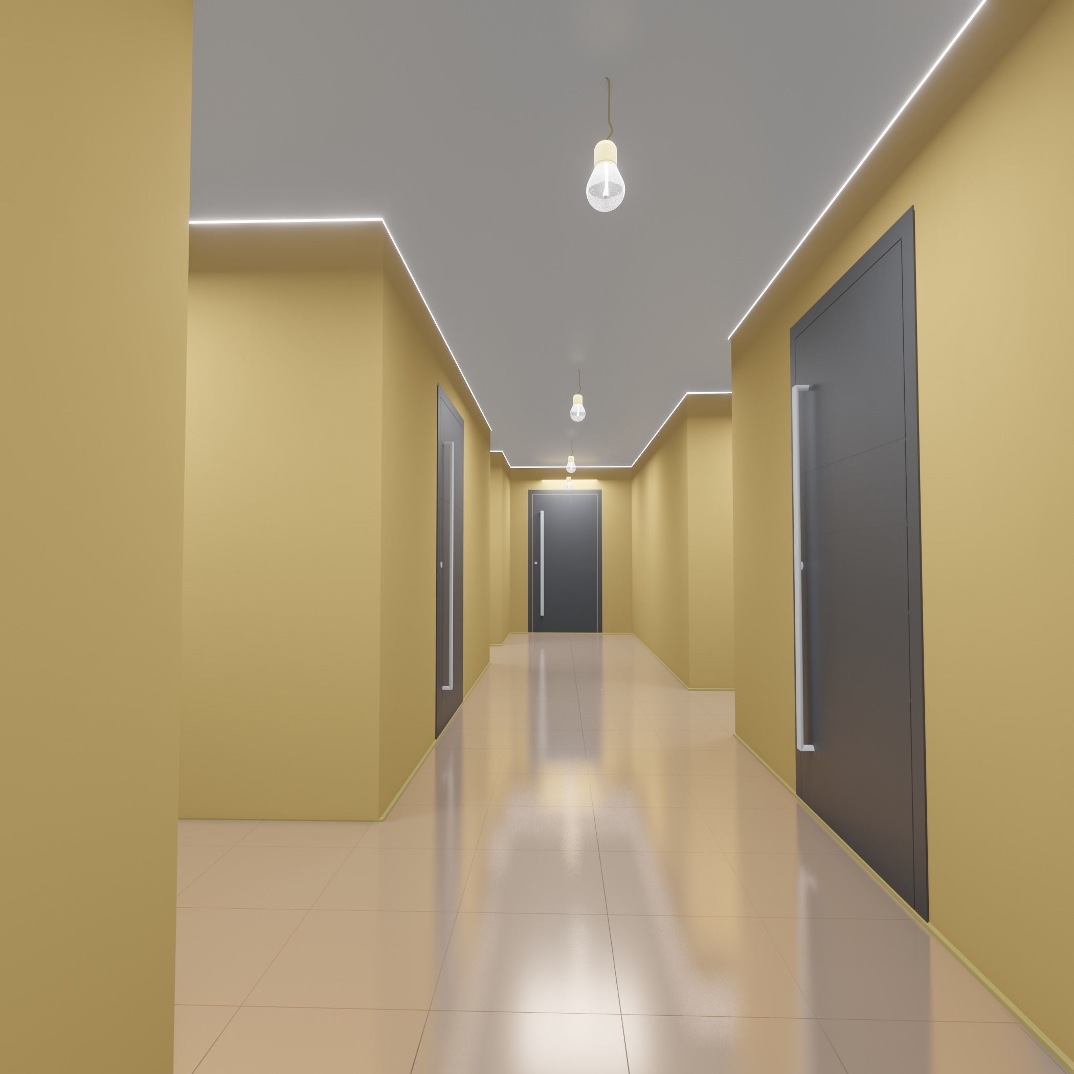 Hallway with walls and doors 3D model_2