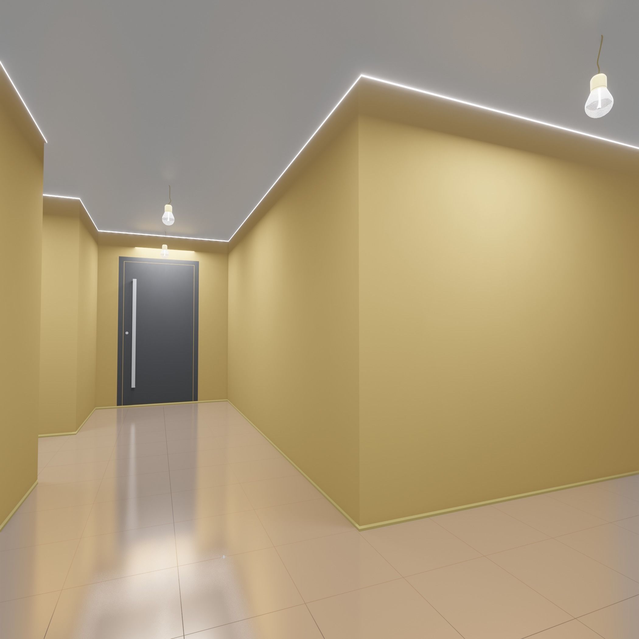 Hallway with walls and doors 3D model_4