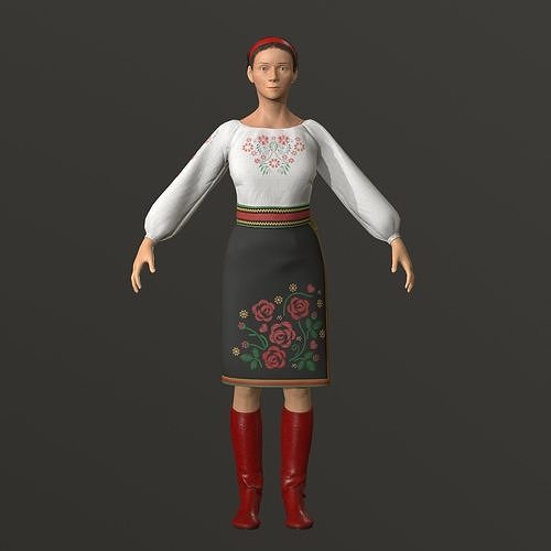 Ukrainian medieval girl in national dress Low-poly 3D model
