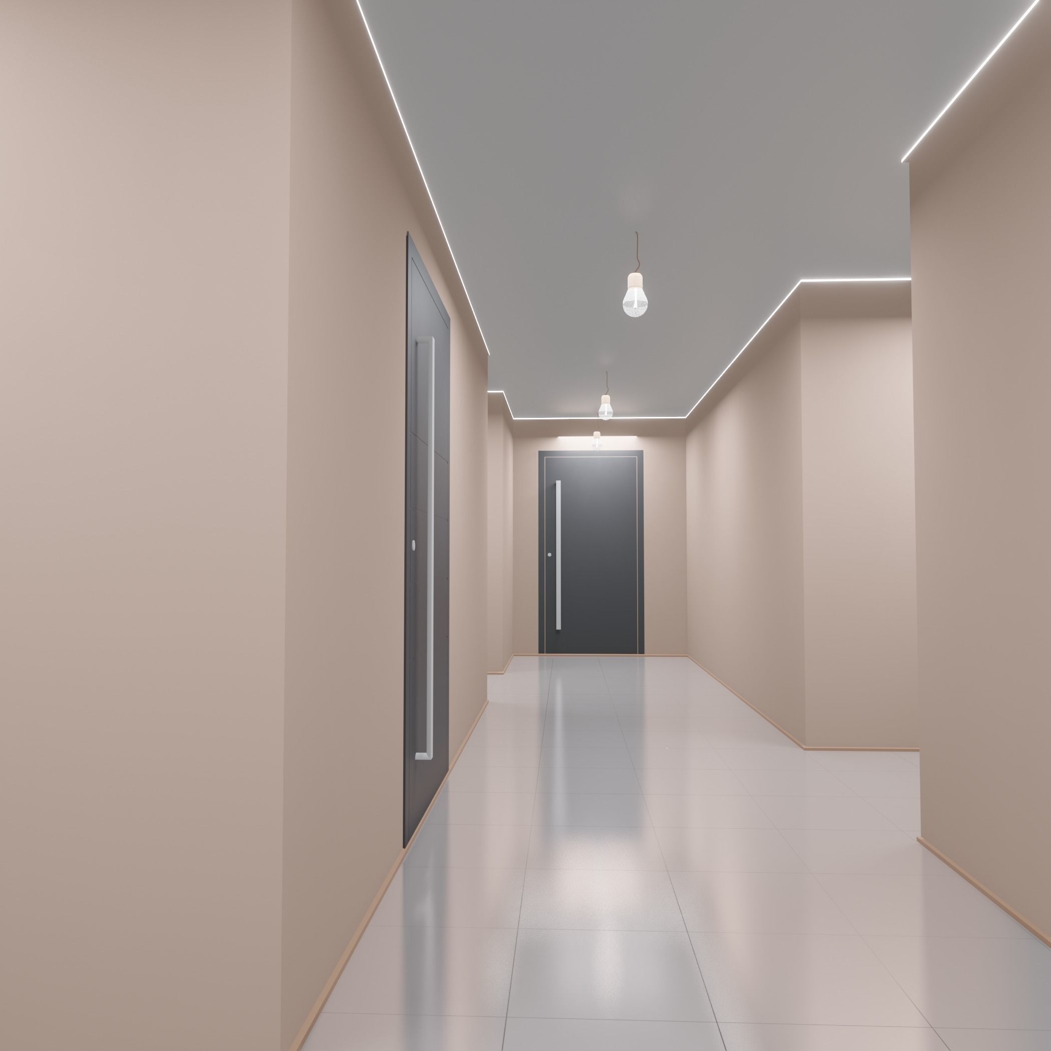Hallway empty with door 3D model_2