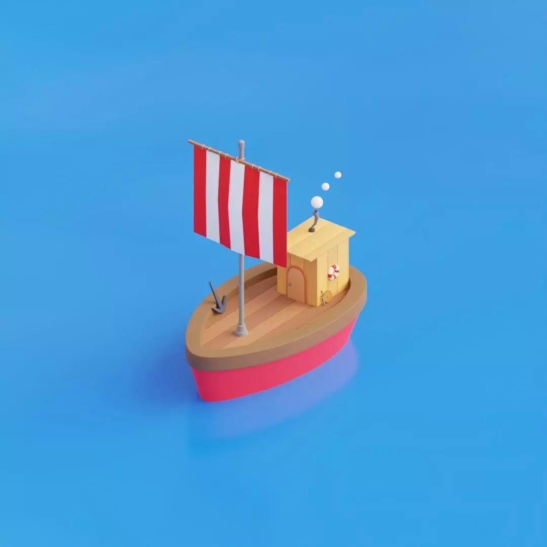 Boat 3D Model wooden with flag Free 3D model