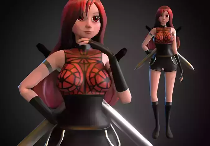 woman fighter rigged low poly