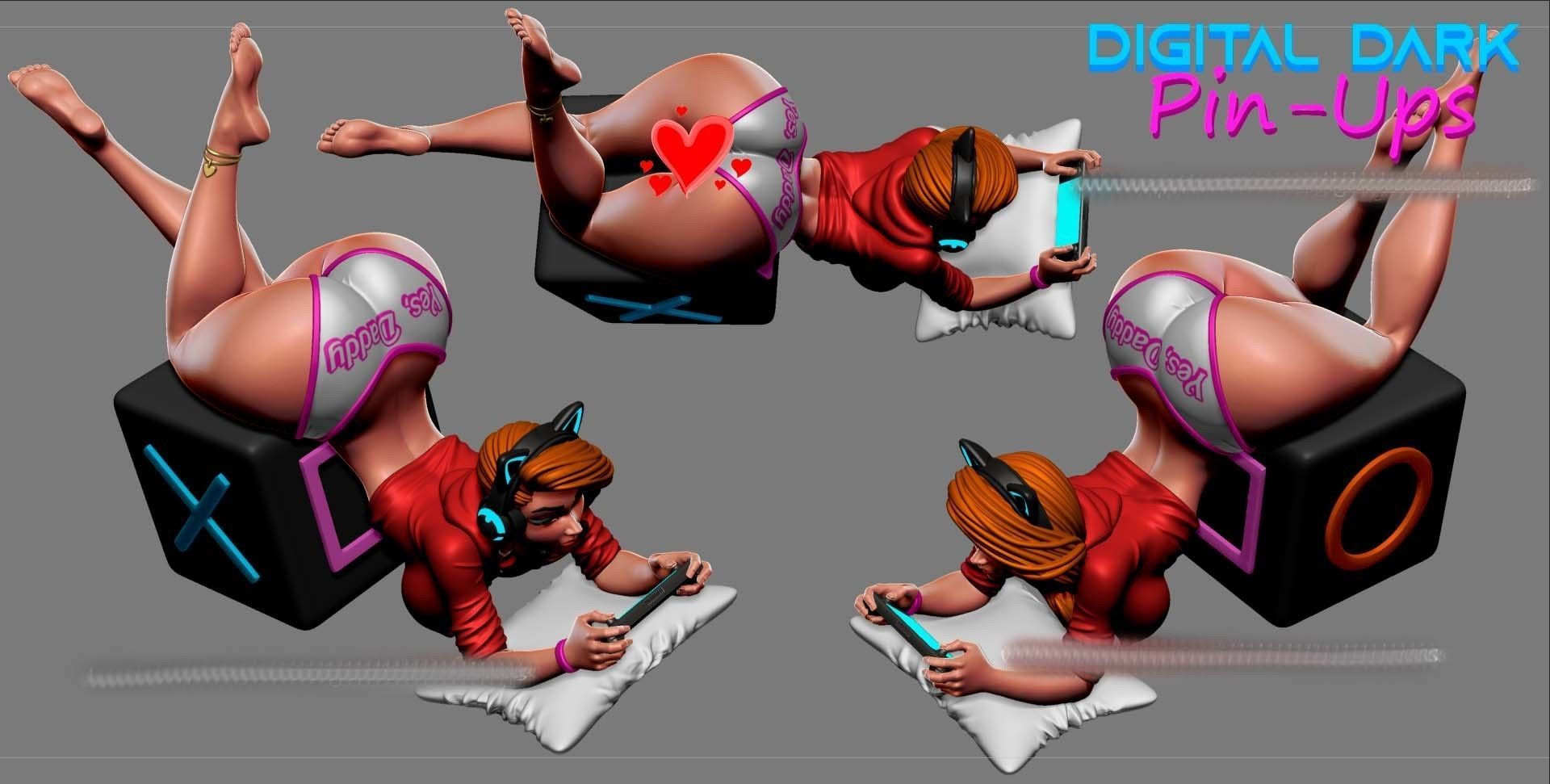 Gamer Girl 3 with two NSFW versions Miniature 100mm and keychain 3D print model_5