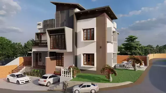 Contemporary modern two storyed building 3D model