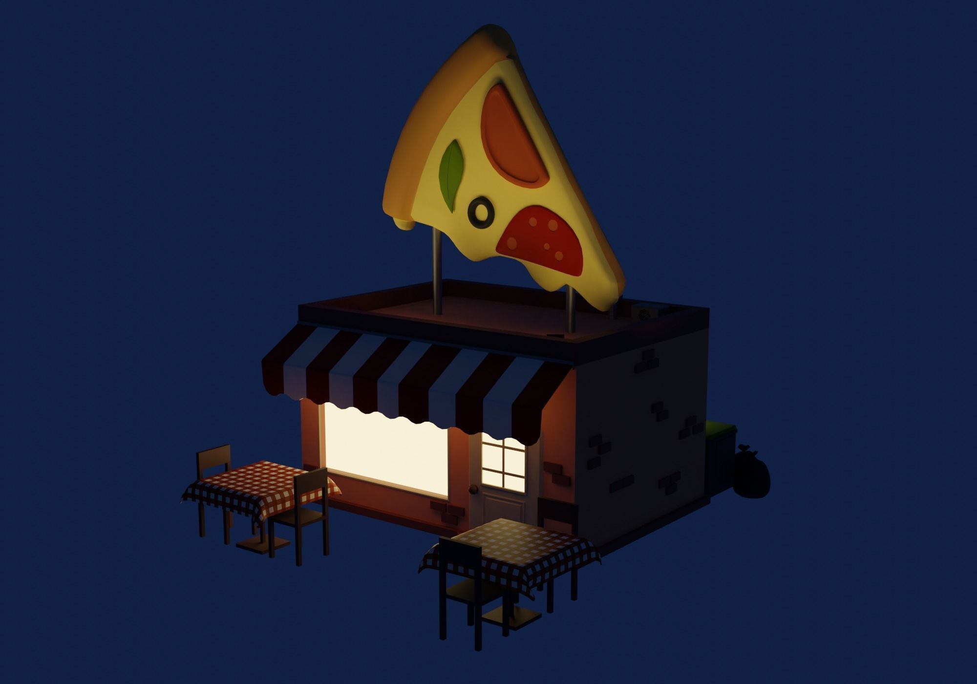Pizzeria pizza shop with tables and chairs Low-poly 3D model_2