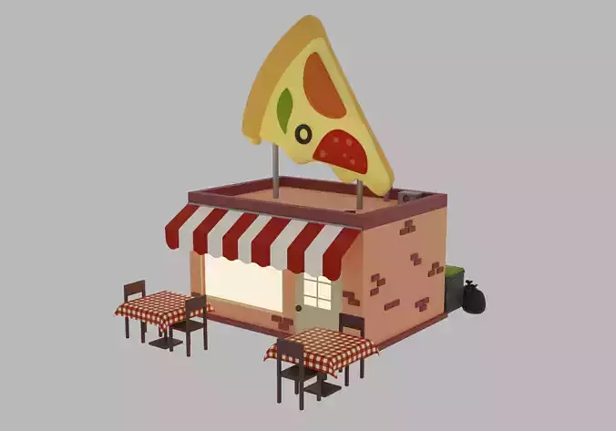 Pizzeria pizza shop with tables and chairs Low-poly 3D model
