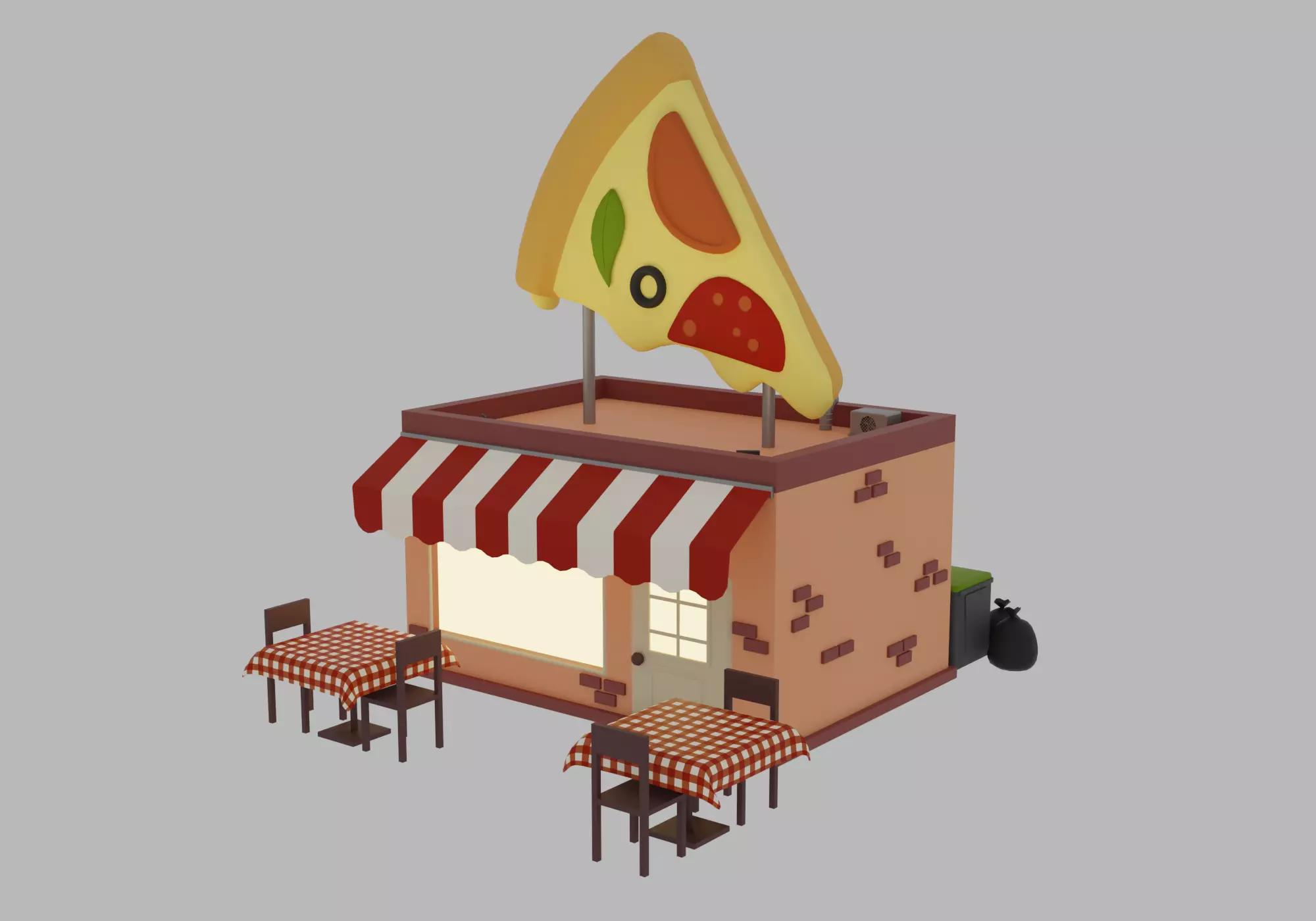 Pizzeria pizza shop with tables and chairs Low-poly 3D model_0