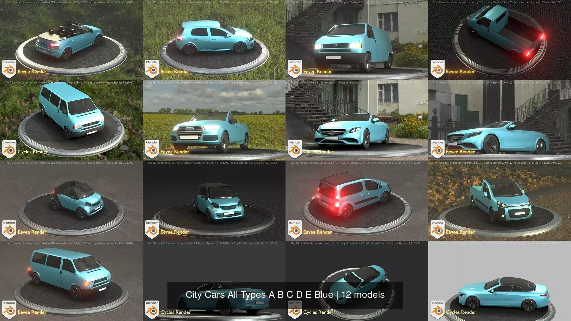 City Cars All Types A B C D E Blue 3D Model Collection_0