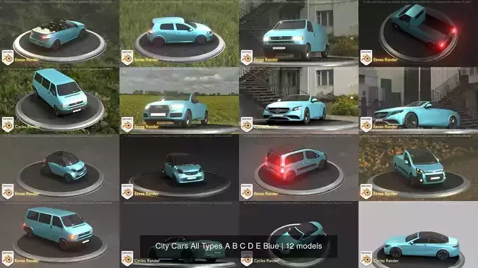 City Cars All Types A B C D E Blue 3D Model Collection