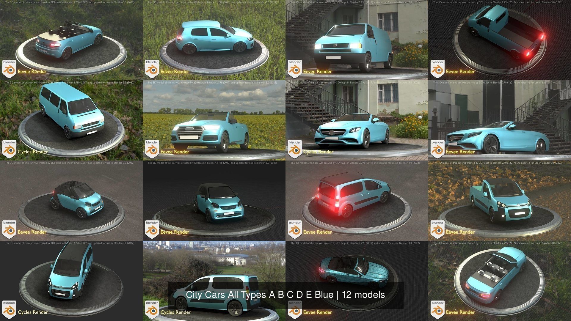 City Cars All Types A B C D E Blue 3D Model Collection_6