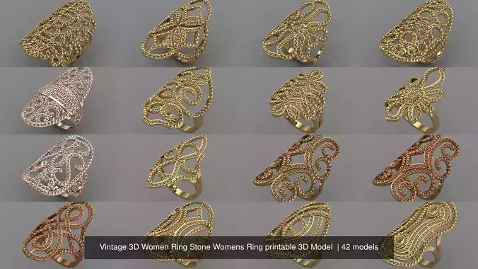 42 STL Vintage 3D Women Ring Stone Womens Ring printable