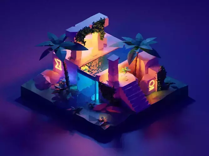 Ancient-ruins-night  Tree with water  low poly model 