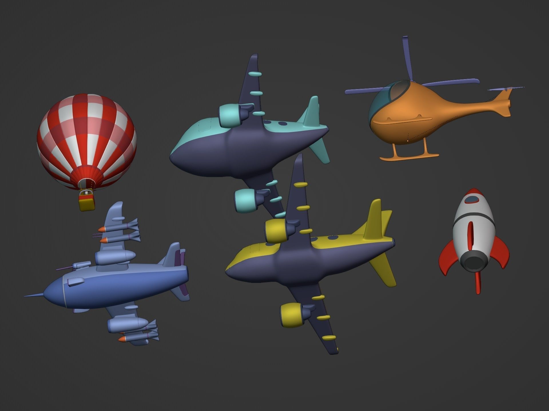 Cartoon Aircraft Pack - Rocket Hot Air Balloon Plane Helicopter Low-poly 3D model_11