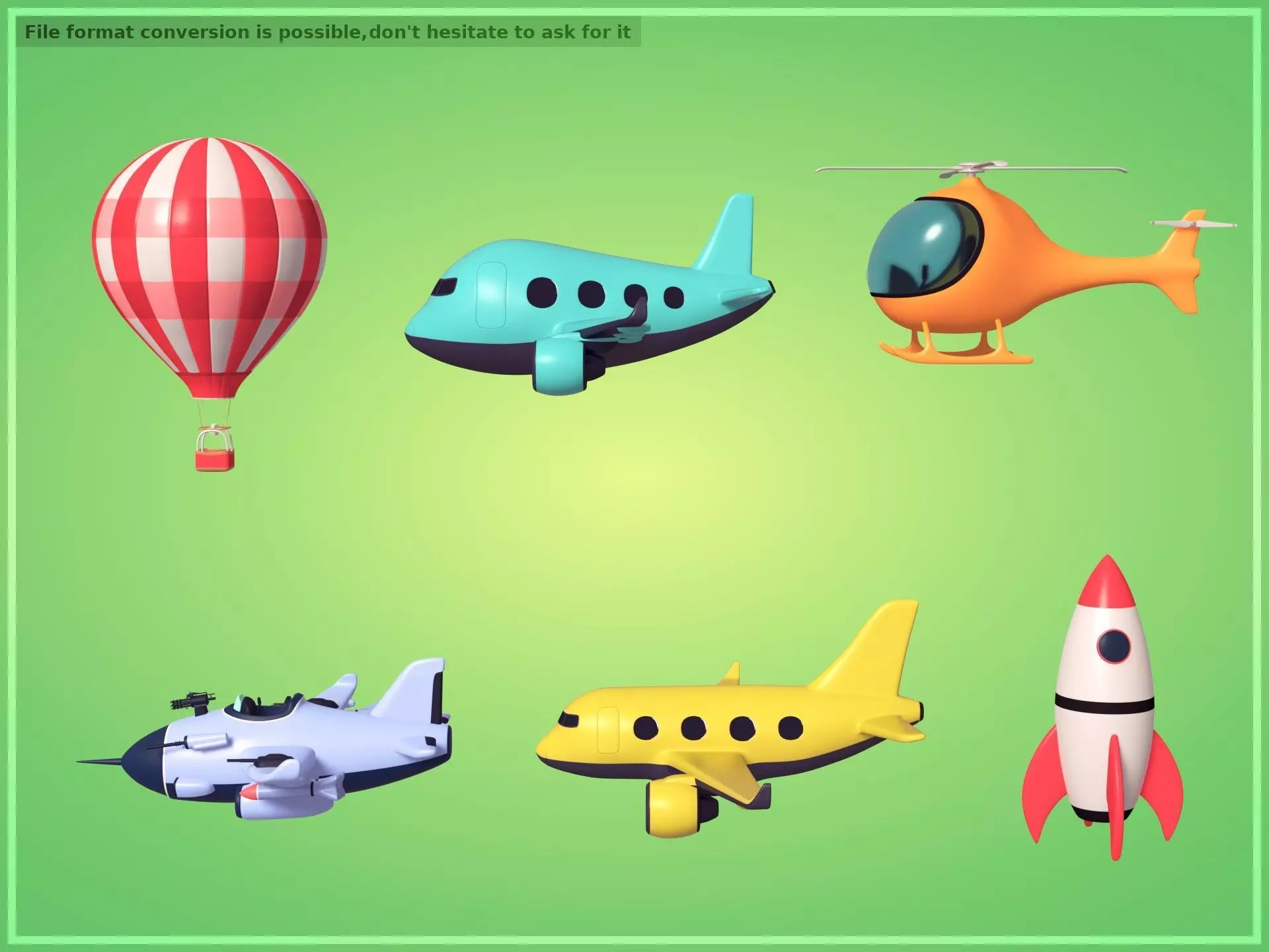 Cartoon Aircraft Pack - Rocket Hot Air Balloon Plane Helicopter Low-poly 3D model_0