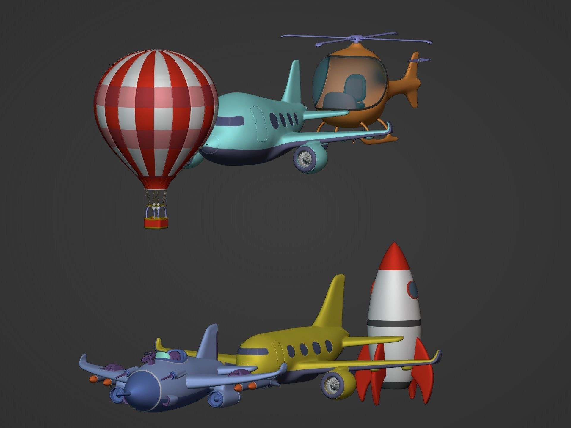 Cartoon Aircraft Pack - Rocket Hot Air Balloon Plane Helicopter Low-poly 3D model_5