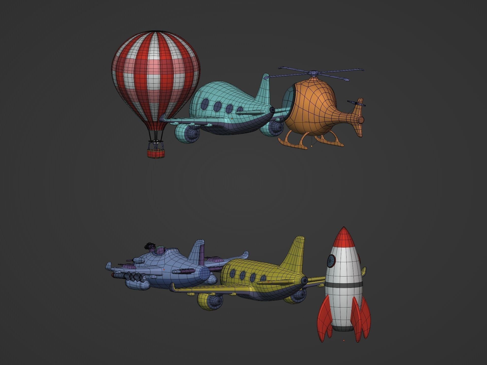 Cartoon Aircraft Pack - Rocket Hot Air Balloon Plane Helicopter Low-poly 3D model_8