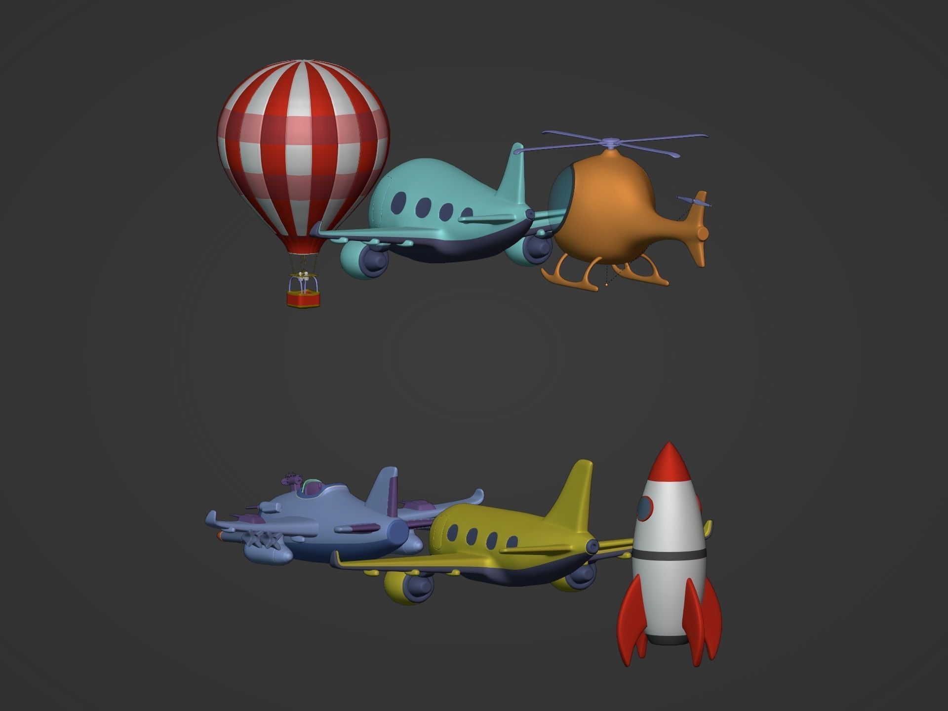 Cartoon Aircraft Pack - Rocket Hot Air Balloon Plane Helicopter Low-poly 3D model_7