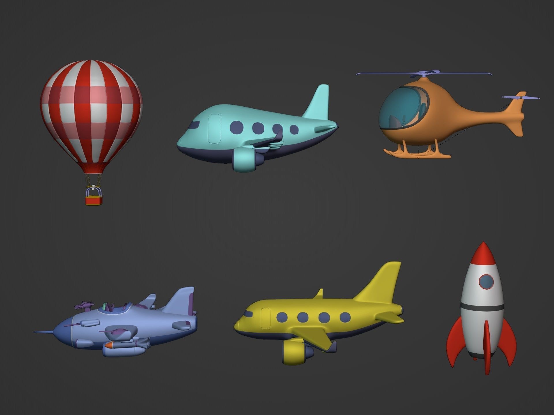 Cartoon Aircraft Pack - Rocket Hot Air Balloon Plane Helicopter Low-poly 3D model_1