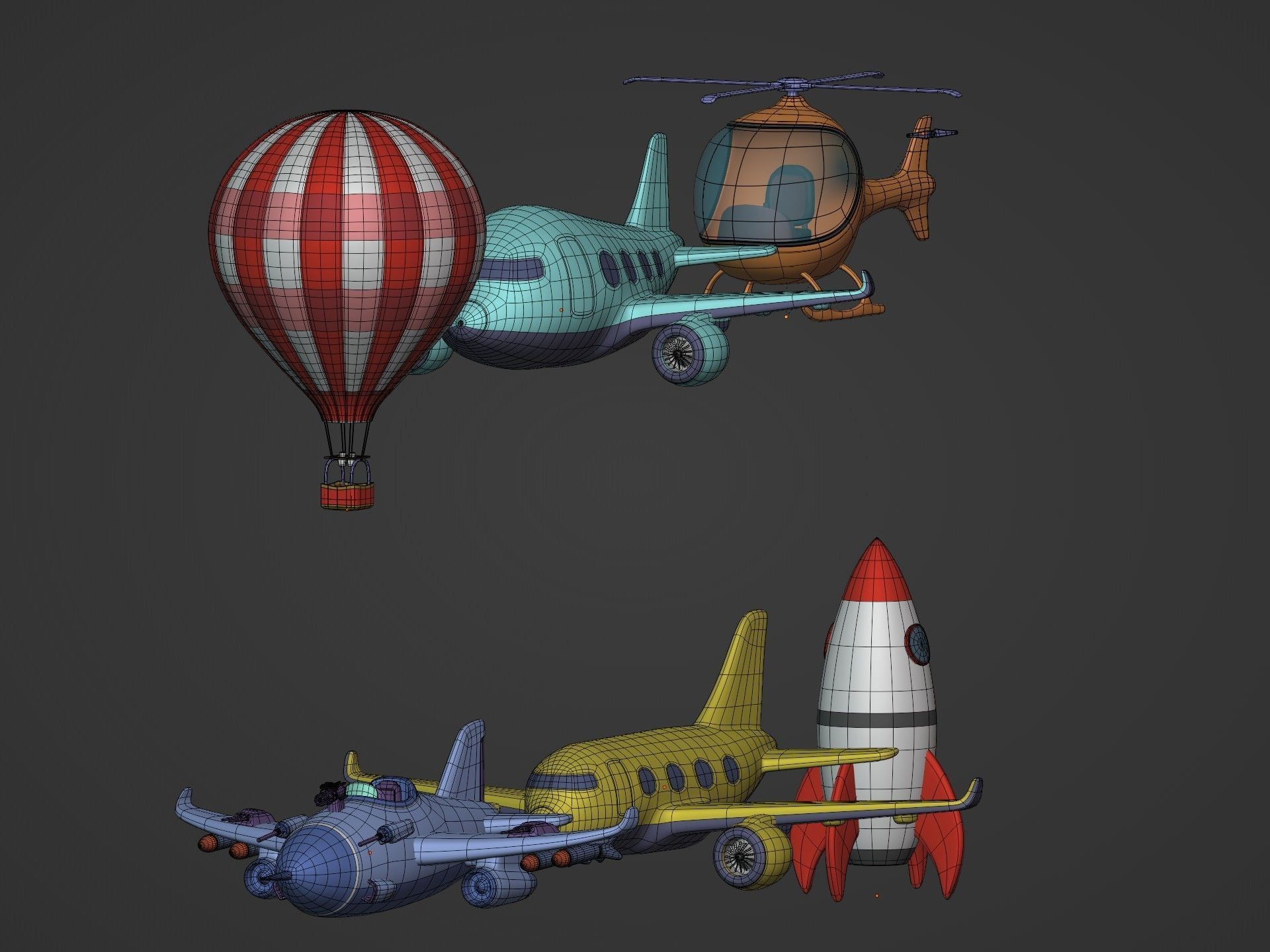 Cartoon Aircraft Pack - Rocket Hot Air Balloon Plane Helicopter Low-poly 3D model_6