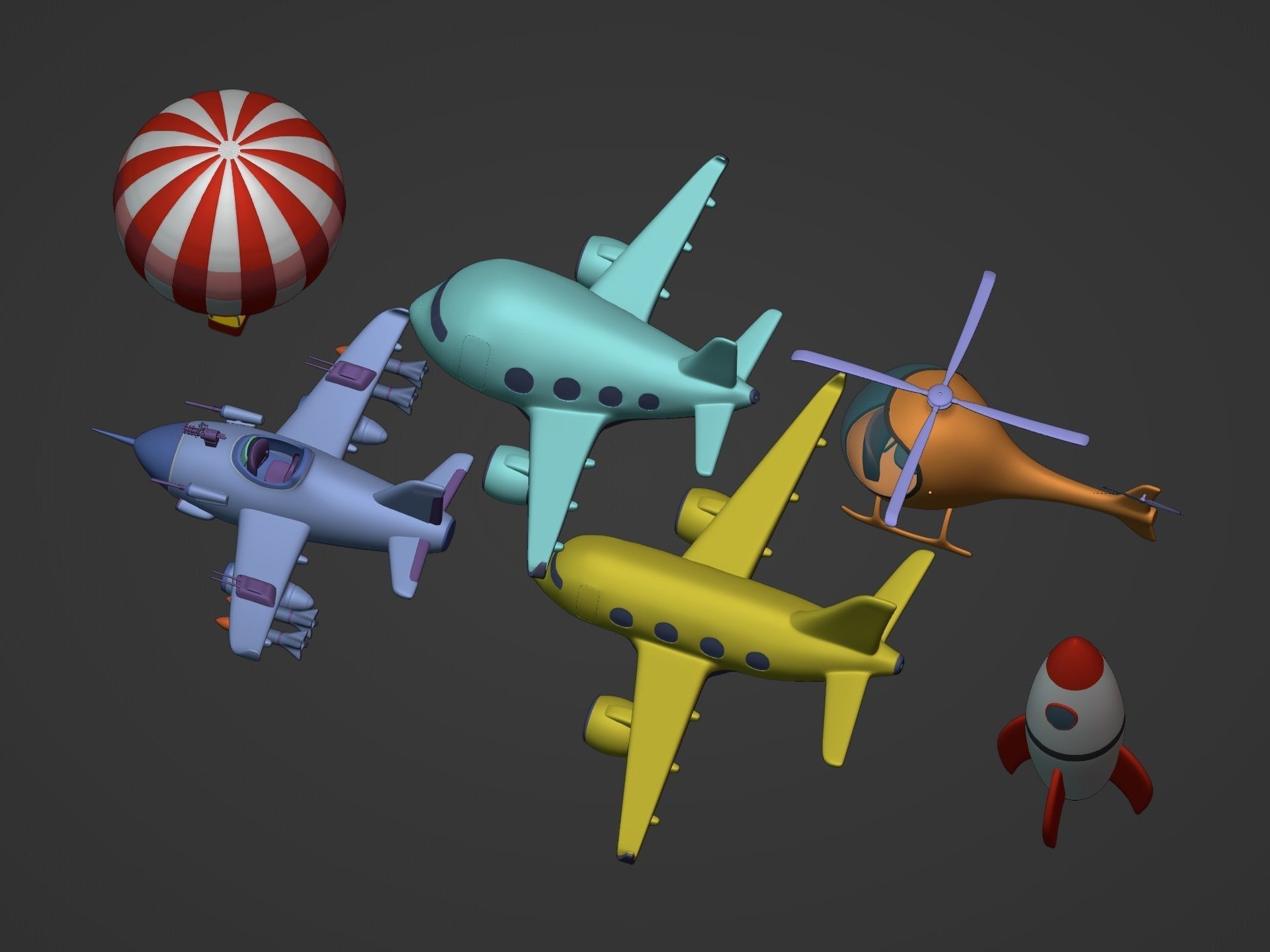Cartoon Aircraft Pack - Rocket Hot Air Balloon Plane Helicopter Low-poly 3D model_9
