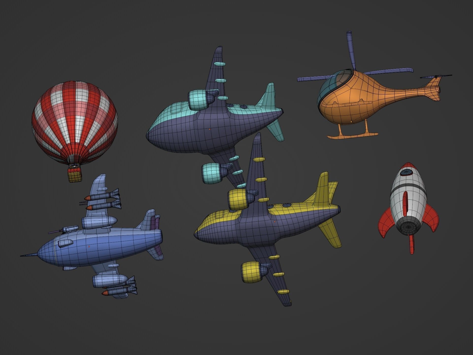 Cartoon Aircraft Pack - Rocket Hot Air Balloon Plane Helicopter Low-poly 3D model_12