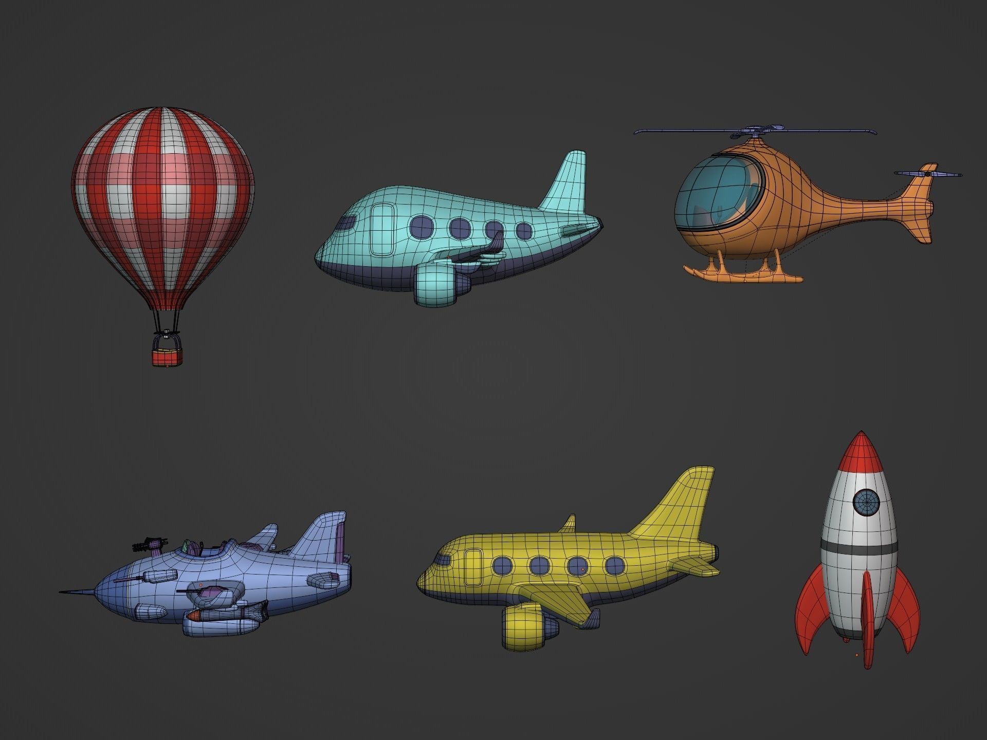 Cartoon Aircraft Pack - Rocket Hot Air Balloon Plane Helicopter Low-poly 3D model_2