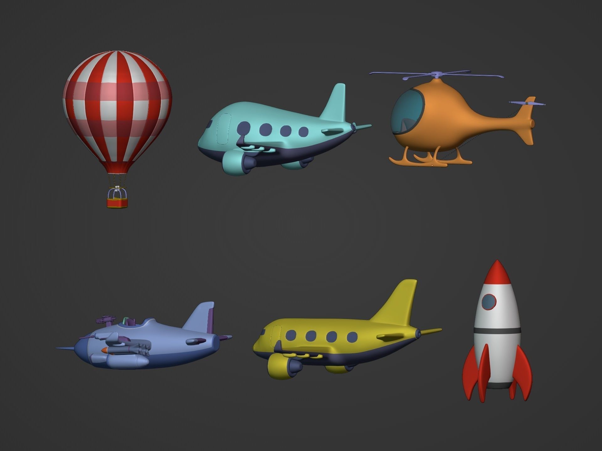 Cartoon Aircraft Pack - Rocket Hot Air Balloon Plane Helicopter Low-poly 3D model_3