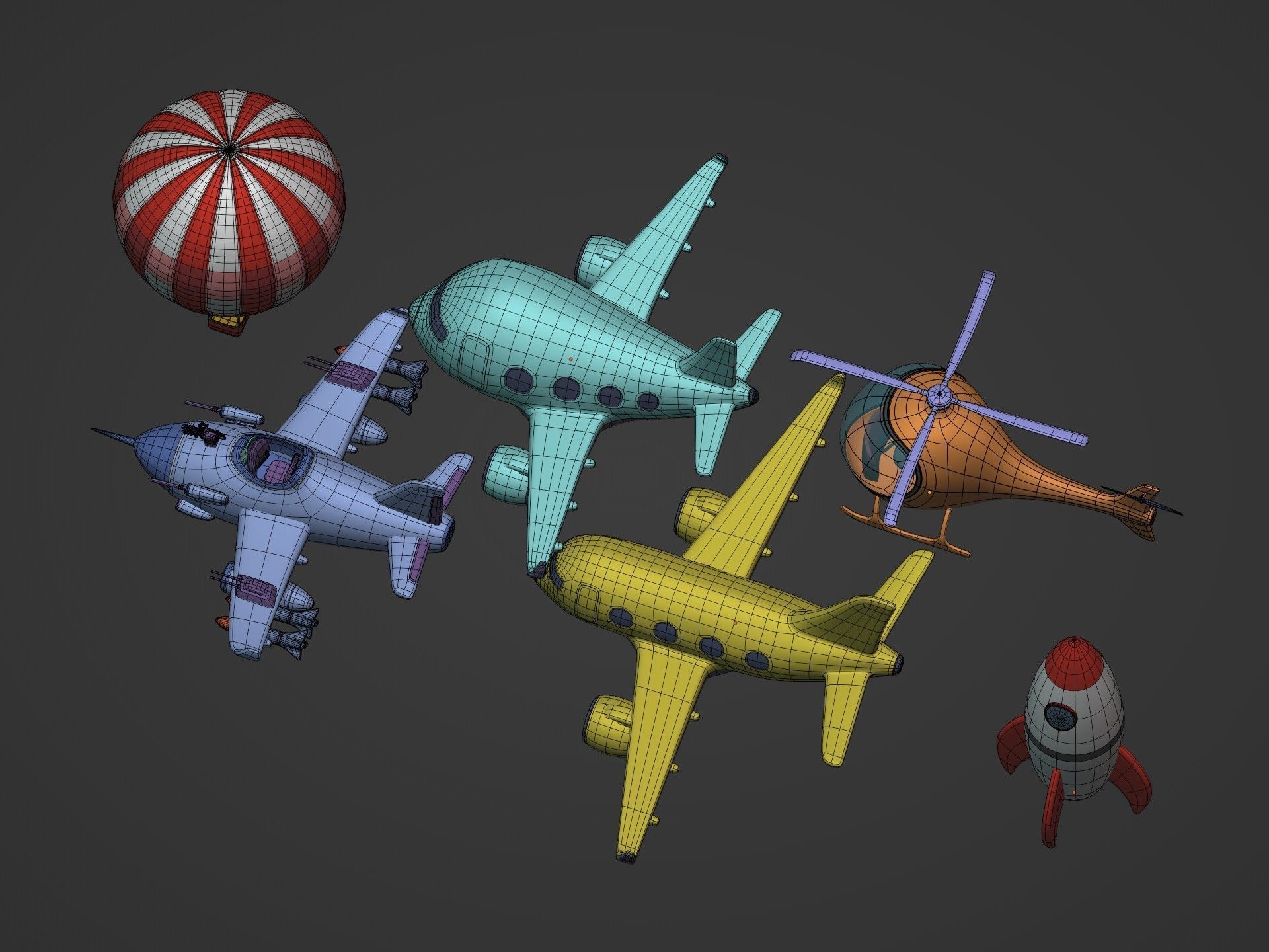 Cartoon Aircraft Pack - Rocket Hot Air Balloon Plane Helicopter Low-poly 3D model_10